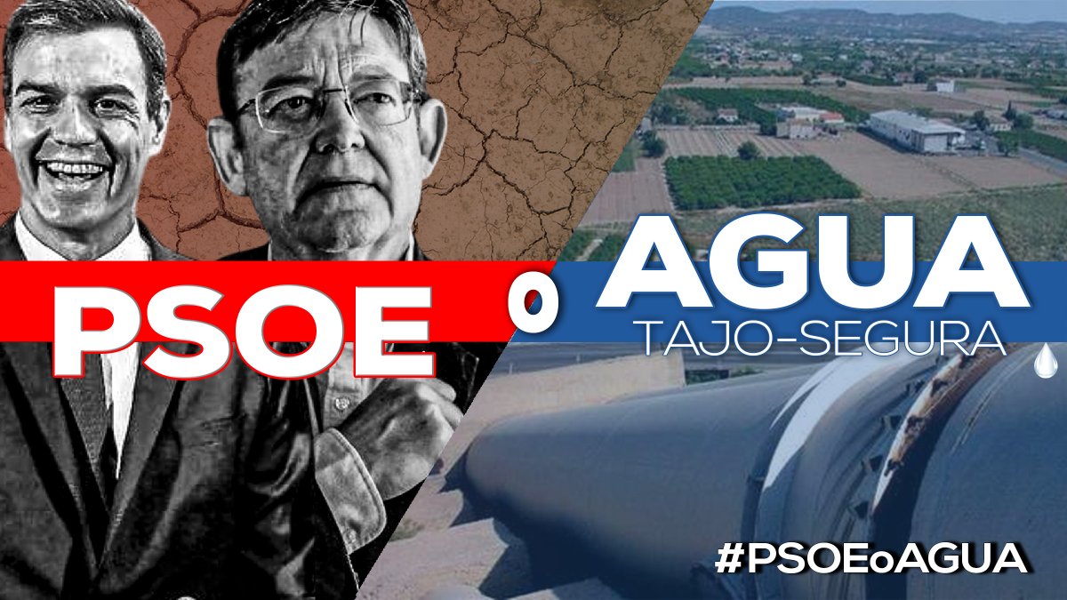 ppcv's tweet photo. ❌PSOE O AGUA💧

👉🏼 El PSOE va a recortar el trasvase del Tajo-Segura comprometiendo el futuro de 100.000 familias alicantinas.

👉🏼 Salvaje e injustificada puñalada a la solidaridad, al medio ambiente, al agua y a la provincia de Alicante.

#PSOEoAGUA https://t.co/mA5GwTVAgY