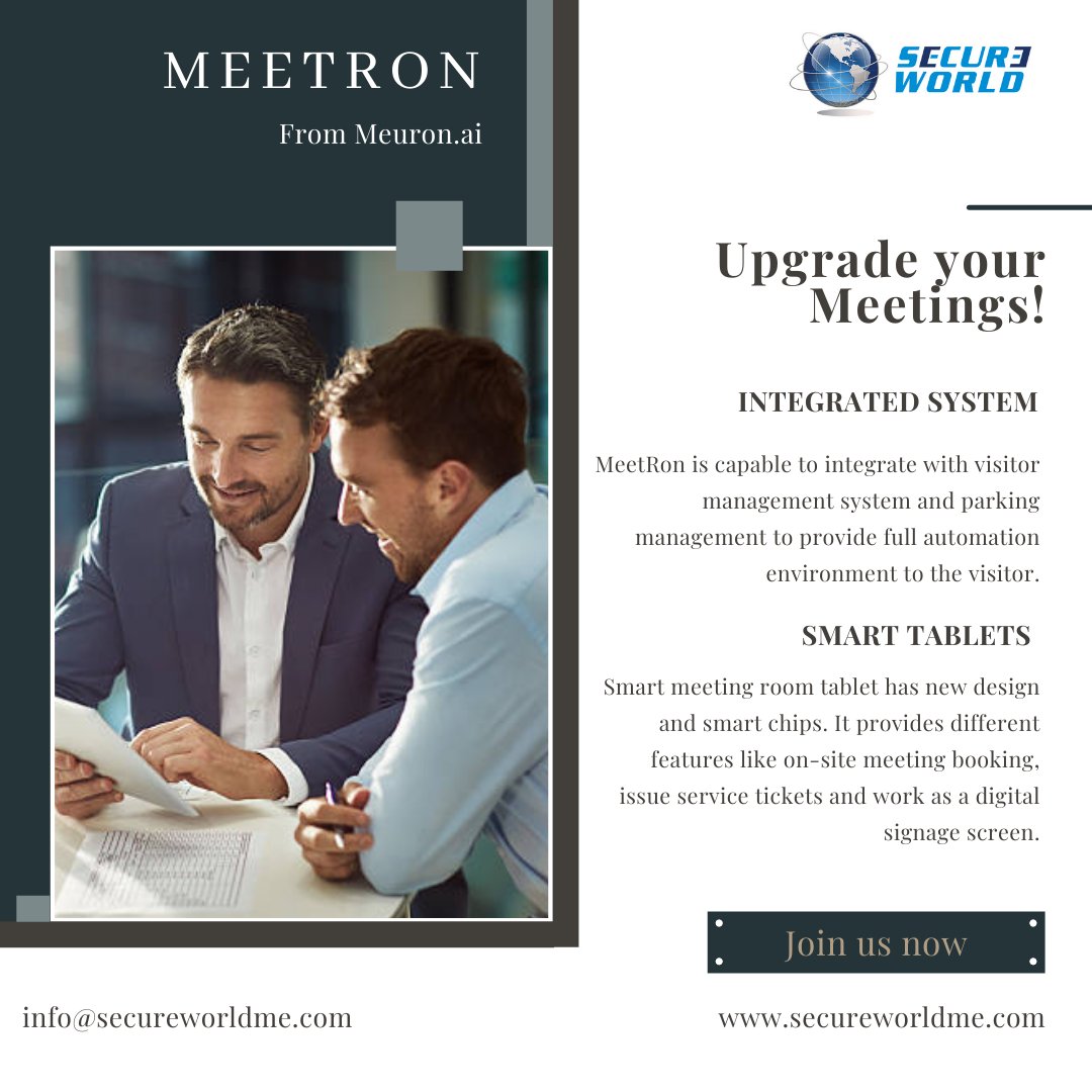 SecureWorldMe's tweet photo. Upgrade your Meetings!
MeetRon Meeting Room Solution is a comprehensive platform helping you to modernize and efficiently digitalize your workplace. #meeting #meetingroom #MeetingRoomSolution #IntegratedSystem #SmartTablets https://t.co/CSgDUKHCtY