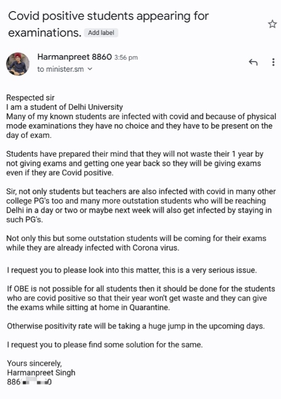 Harmanpreet8860's tweet photo. @EduMinOfIndia Take this into consideration before it's too late!!
Mailed Education Minister of India regarding serious issues to be held in  the upcoming  Exams!
#studentswantobe #DuWantsObeForAll #OBE #COVID19  #CoronaVirus  #PositivityRate #DU #DelhiUniversity @mandeepggs https://t.co/d39jQzq8qU