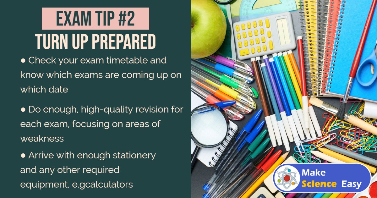 MakeSciEasy's tweet photo. Turning up for an exam when not properly prepared can reduce your chances of getting the result you deserved. 

Make sure you arrive up on time, with the right equipment and have done enough revision. 
#GCSEs #revision https://t.co/V7CAwdPEQr