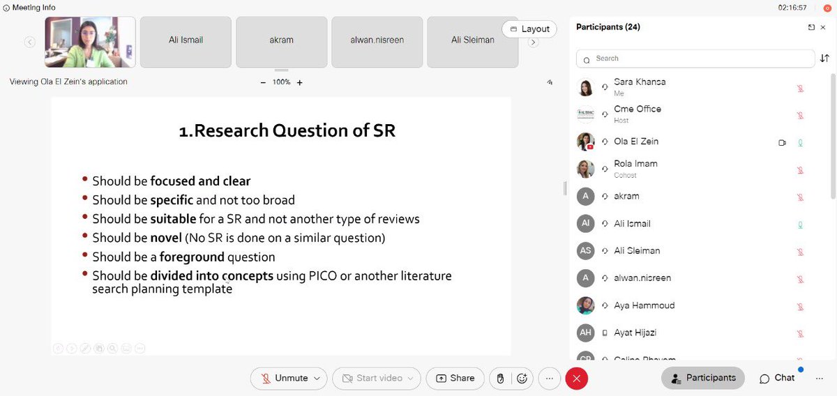 CRI_AUBMC's tweet photo. A fabulous 1st day at the “Designing #Search #Strategies for #Systematic #Reviews” E-workshop with Dr. @Olazein3 discussing the importance of #search #strategies for #systemtic #reviews, basic #searching, types of #database and types of #medical #questions https://t.co/s42KnmDK9e