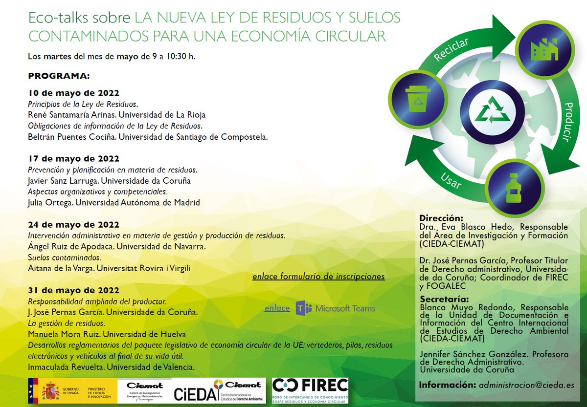 BiblioEIIUVa's tweet photo. El @CIEDA_CIEMAT junto con el #FIREC organizarán una serie de Encuentros web sobre la nueva #Leyderesiduosysueloscontaminados para una economía circular. Las eco-talks se emitirán los martes 10, 17, 24 y 31 de mayo de 9 a 10:30 h.
https://t.co/U64icwhMWv https://t.co/J0cr7lRsdl