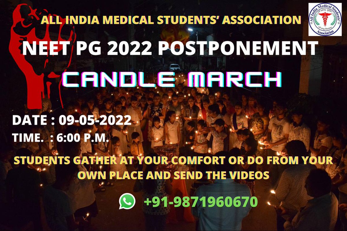 official_aimsa's tweet photo. OUR FIGHT IS NOT OVER YET. EVERY MEDICO DO CANDLE MARCH FROM YOUR PLACE AND SEND THE VIDEOS. LET THE NATION HEAR US. WE NEED JUSTICE AT ANY COST. @PMOIndia @narendramodi @mansukhmandviya 
@MoHFW_INDIA @NMC_IND
@NBEMS_INDIA @FAIMA_INDIA_
@DrMCPrabhakar
#POSTPONENEETPGMODIJI_AIMSA https://t.co/sIipzUmofp