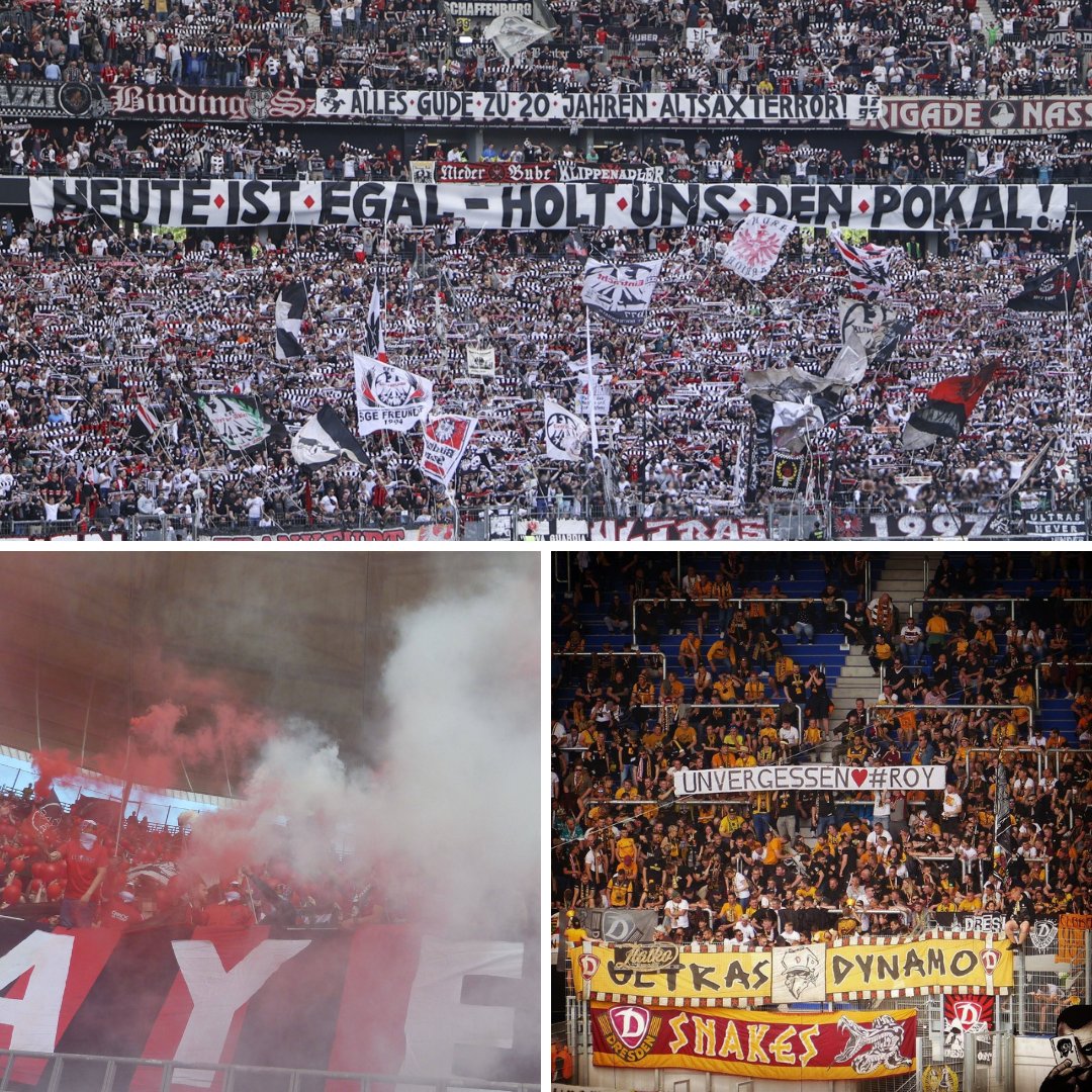 Collage aus 3 Fanfotos: Spruchband, Rauch und Spruchband.