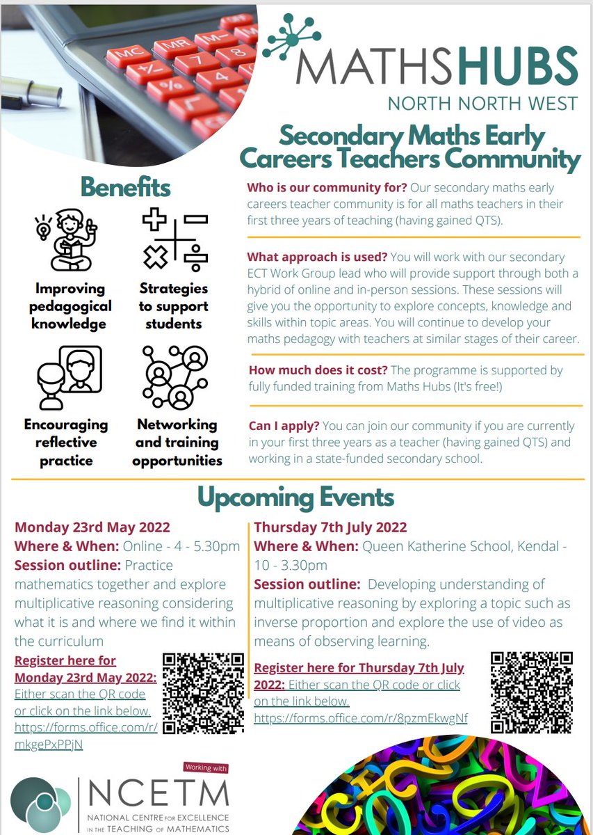 Two events this term for those of you who teach secondary maths and are in the first three years of your training. Please do join us, and meet other teachers in a similar position to yourself. Let's explore some mathematics together!
Flyer: https://t.co/zdRJ6TpqZb