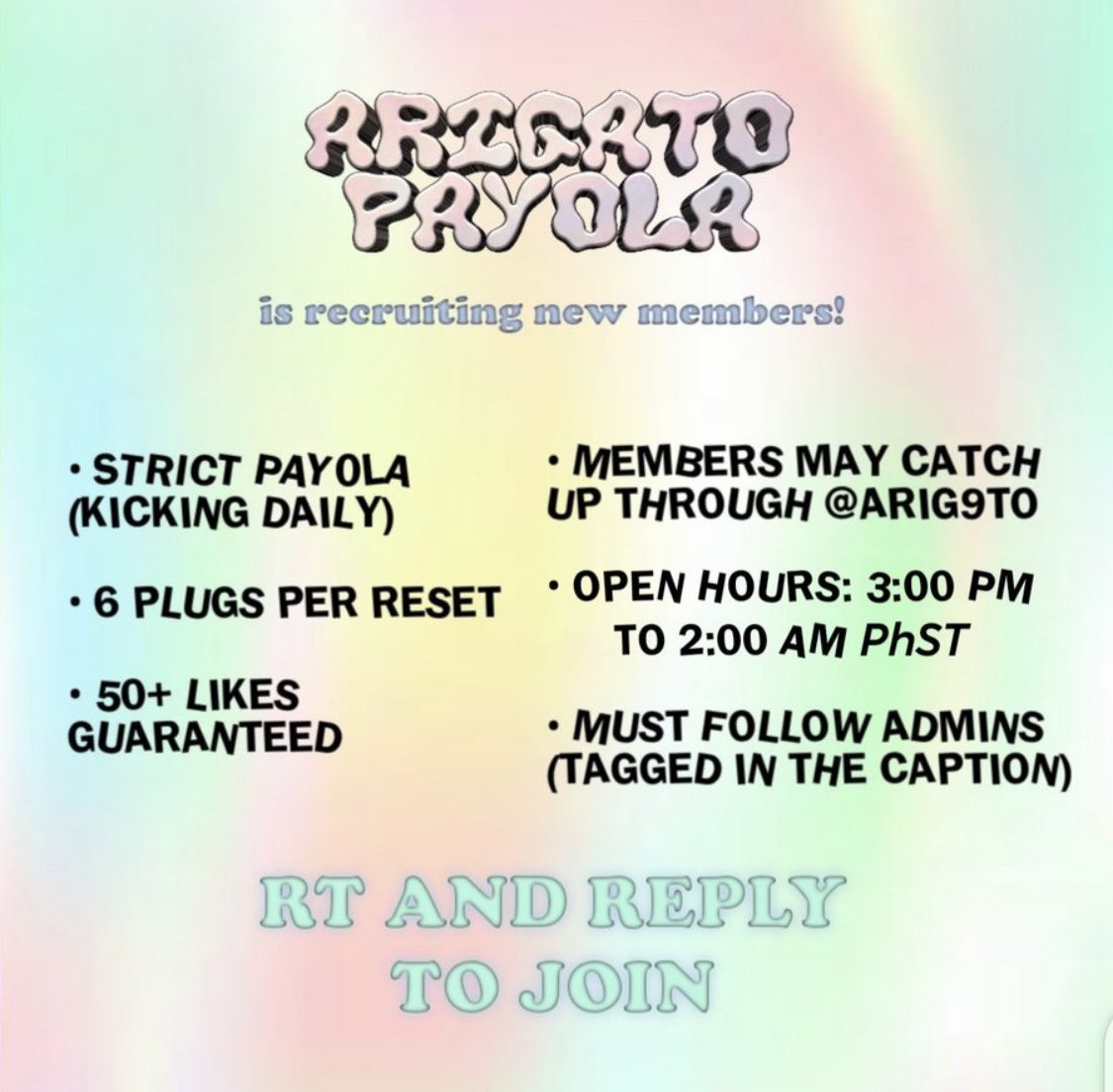 arig9to's tweet photo. ARIGATO PAYOLA/PROMO GC IS NOW RECRUITING NEW ACTIVE MEMBERS!

• MBF: @gremlin4kt @CASADEMONIO @universebish67
• RT &amp; REPLY TO JOIN! 
* FOLLOW ALL the steps to be added! we are checking.

💌 will be adding in 24 hours, please be patient. https://t.co/xhTReBRED2
