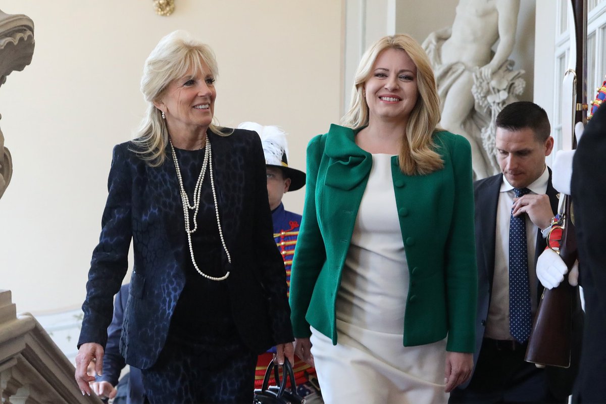 ZuzanaCaputova's tweet photo. Meeting @FLOTUS in Bratislava confirms the friendship &amp; excellent relations between #Slovakia and the #US, and the ever stronger transatlantic bond. In these challenging times, we stand together in defense of our democracy, freedom &amp; value of human life. https://t.co/p9PFqv9r7z
