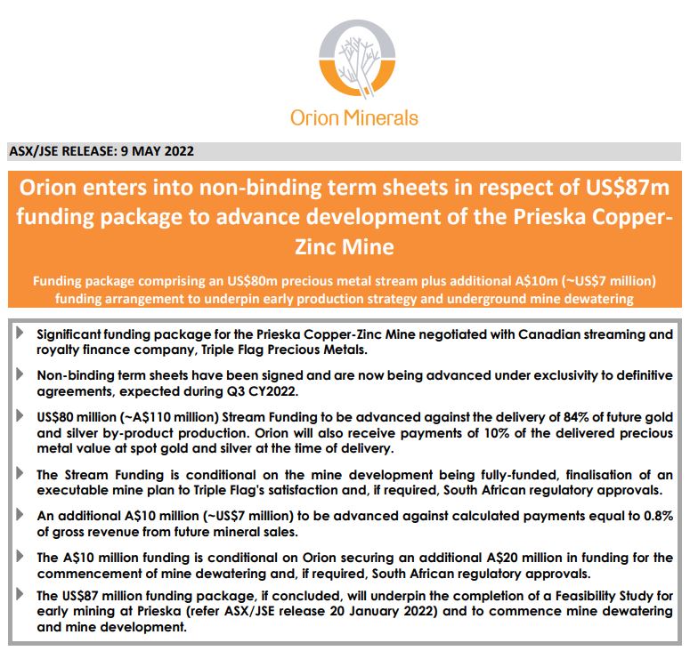 OrionMinerals's tweet image. ORION ENTERS INTO NON-BINDING TERM SHEETS IN RESPECT OF US$87M FUNDING PACKAGE TO ADVANCE DEVELOPMENT OF THE PRIESKA COPPERZINC MINE 
orionminerals.com.au/investors/asx-…
#OrionMinerals #PrieskaProject #Copper #Mining