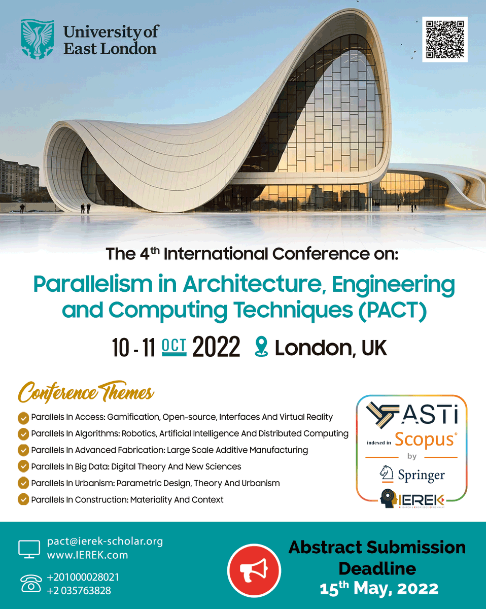 PConference2022's tweet image. Parallelism in Architecture, Engineering &amp;amp; Computing Techniques conference is to explore the relations between computational design in architecture, organizational and global, ever-changing and pervasive contexts. 
bit.ly/PACT2022
Abstract Deadline: 𝟏𝟓 𝐌𝐚𝐲 𝟐𝟎𝟐𝟐