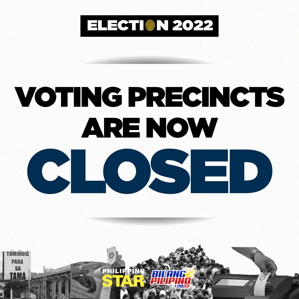 PhilippineStar's tweet photo. THE FILIPINO PEOPLE HAVE DECIDED 🗳🇵🇭

Voting precincts are now officially closed as of 7PM. #BilangPilipino2022 https://t.co/c4JfSaS1Q7