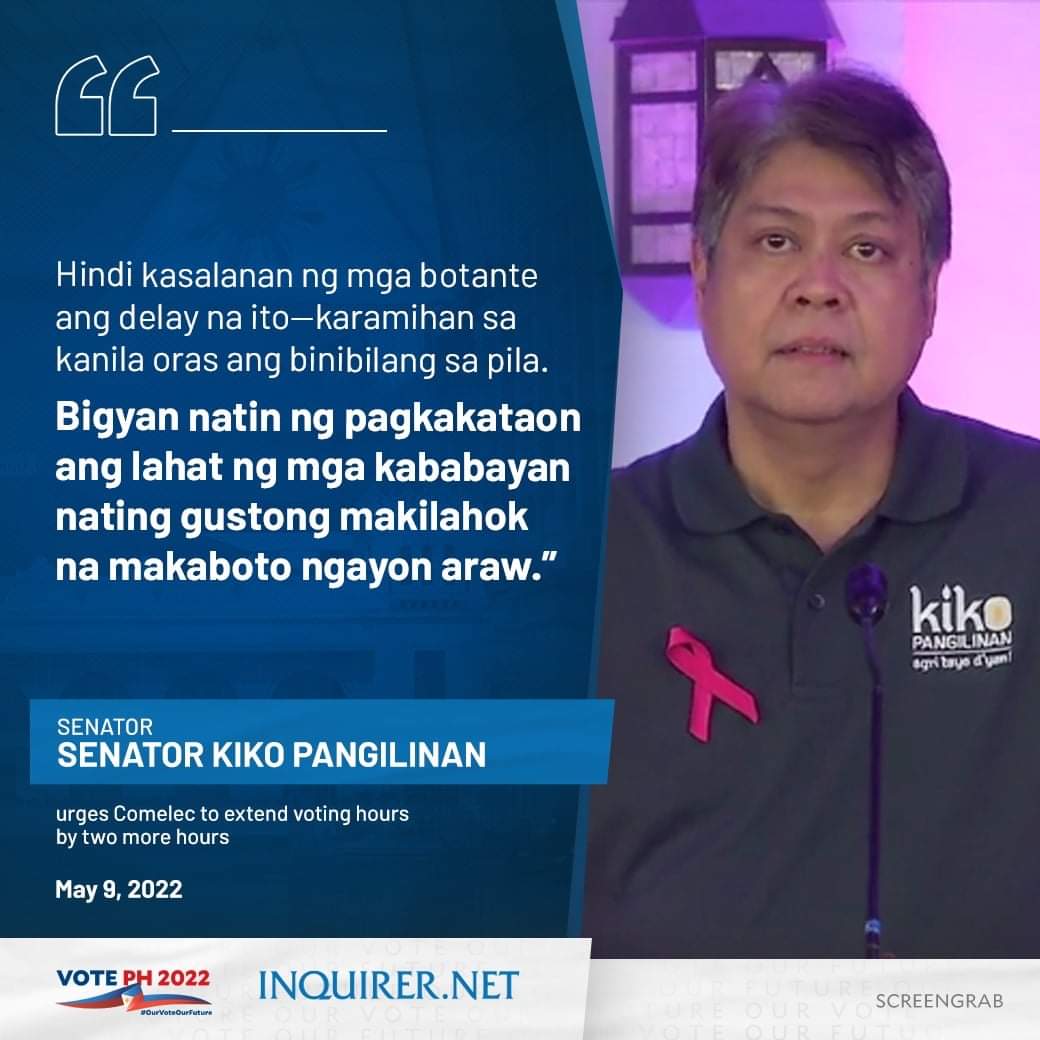 bilalphx's tweet photo. JUST IN: Vice presidential bet and Sen. Francis Pangilinan called on the Commission on Elections to extend voting hours by 2 more hours, or until 9 p.m., to allow voters in precincts with defective VCMs and other issues to cast their votes. 

#ExtendVotingHoursPH https://t.co/xjPY42coBW