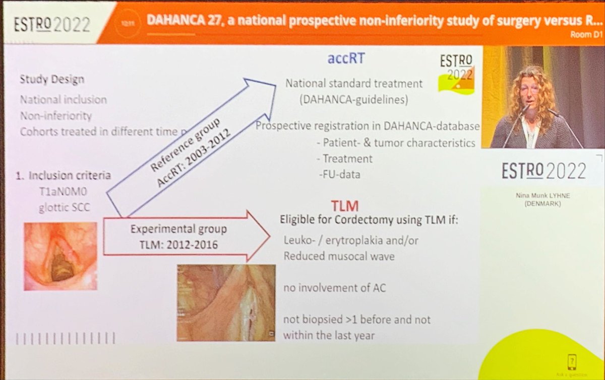 PBlanchardMD's tweet photo. DAHANCA27 presented at #ESTRO2022. 

Efficacy of #radiotherapy for early stage glottic cancer once more demonstrated. 

Congrats Dahanca! 

#hncsm https://t.co/VG8fzl1EDN