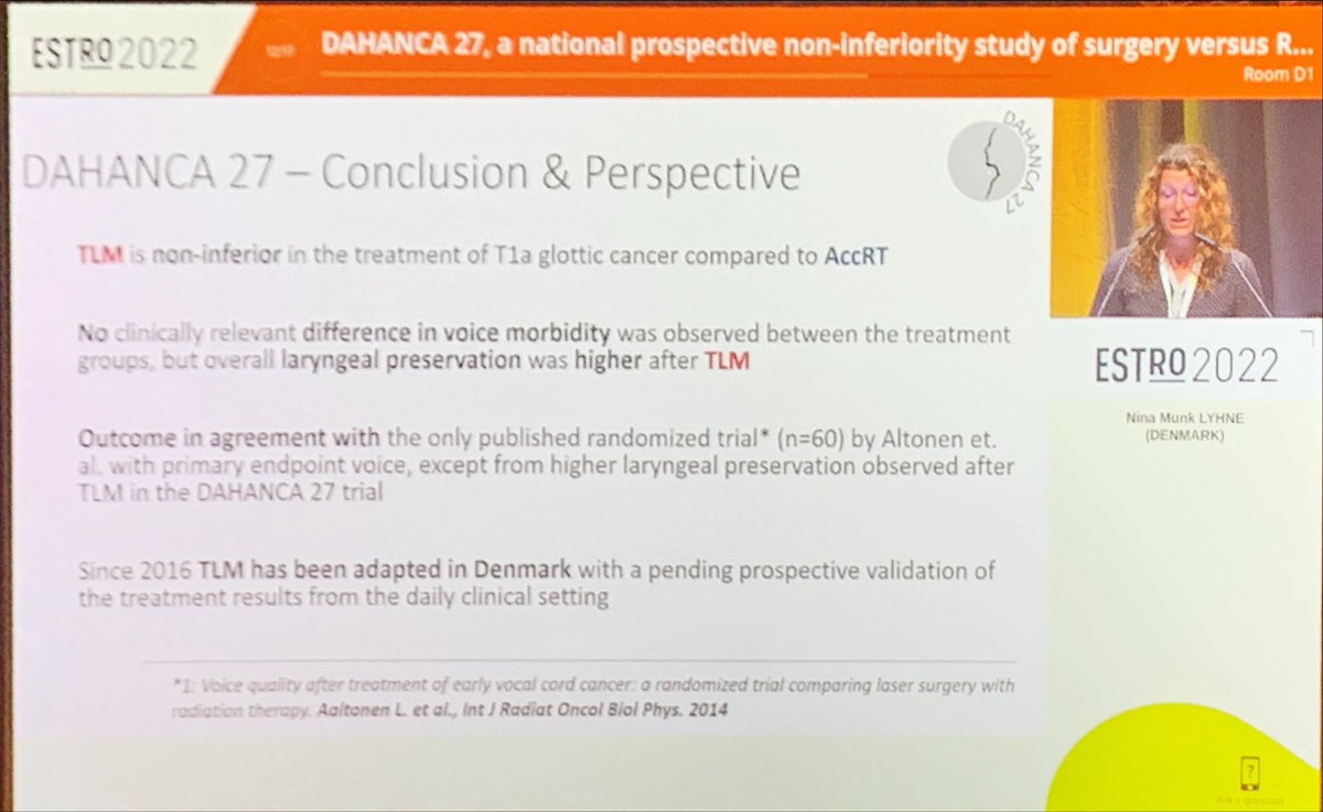 DAHANCA27 presented at #ESTRO2022. 

Efficacy of #radiotherapy for early stage glottic cancer once more demonstrated. 

Congrats Dahanca! 

#hncsm