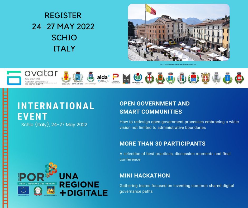 ALDAeurope's tweet photo. ๐Join the #AVATARproject International event: Open Government and smart communities on May 24-27 in Schio. Learn how to share experiences and practices for greater coordination of activities and citizen involvement in small/medium sized cities. More on ๐https://t.co/y2QkG3yz5q https://t.co/LGtqQAAmtL
