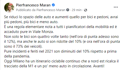 PierMaran's tweet photo. Se riduci spazio auto e aumenti quello per bici e pedoni, avrai più pedoni, più bici e meno auto: è accaduto pure in Viale Monza.  Non solo bici son 4 volte tanto (nell'ora di punta adesso son 12%), ma anche auto si son ridotte del 10% (ora nell'ora di punta son 73% dei veicoli). https://t.co/0FyTh2AtKT