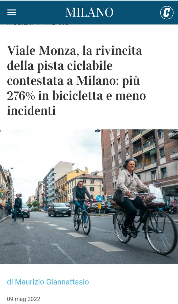 PierMaran's tweet photo. Se riduci spazio auto e aumenti quello per bici e pedoni, avrai più pedoni, più bici e meno auto: è accaduto pure in Viale Monza.  Non solo bici son 4 volte tanto (nell'ora di punta adesso son 12%), ma anche auto si son ridotte del 10% (ora nell'ora di punta son 73% dei veicoli). https://t.co/0FyTh2AtKT