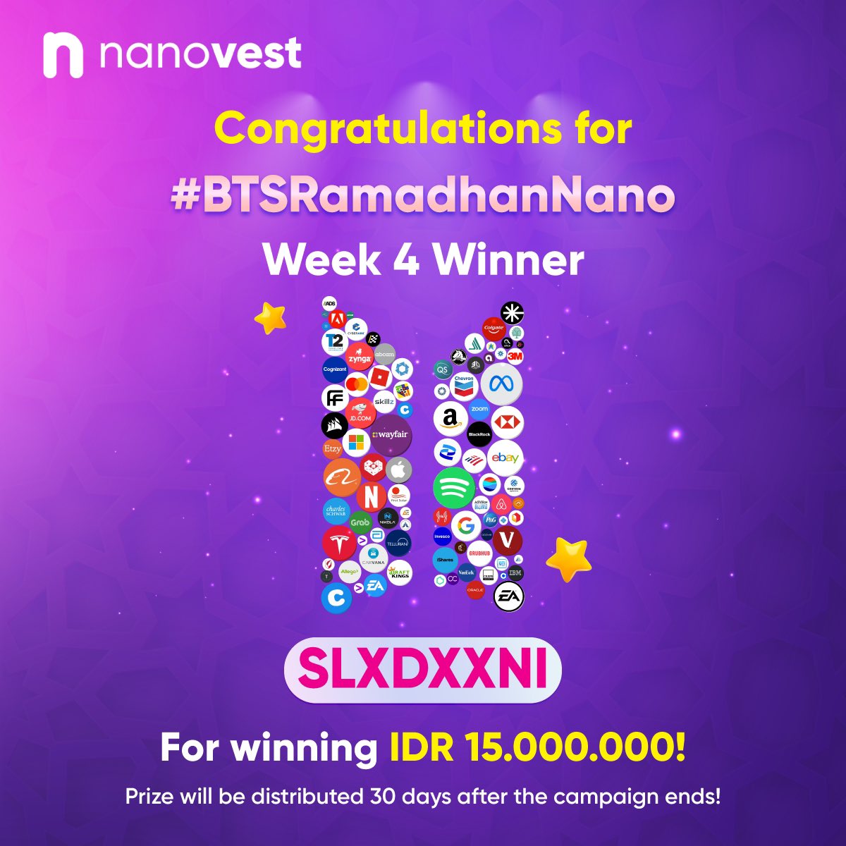 nanovest_io's tweet photo. BIG CONGRATS💥
For our last week winner of #BTSRamadhanNano 💜🥳

🎉 SLXDXXNI 🎉

Selamat kamu telah menjadi orang keempat yang memenangkan hadiah sebesar Rp15.000.000!! 🎁

Terima kasih telah berpartisipasi dan tetap semangat untuk Trading Saham di Nanovest, ya #Nanosquad !✨ https://t.co/QgWAKXmUW5