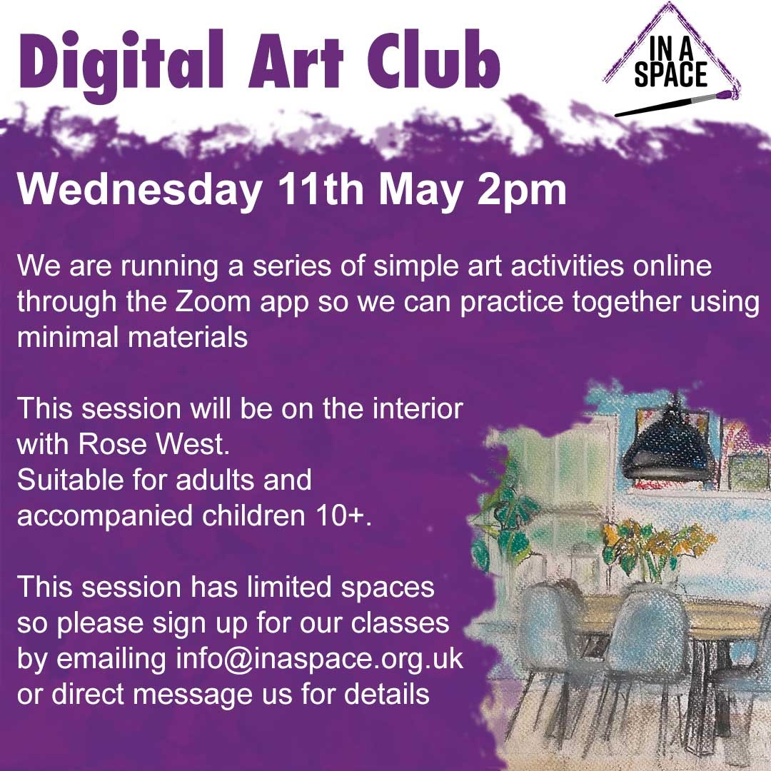 inaspacearts's tweet photo. We are excited to announce that zoom classes are back!

This Wednesday 11th May at 2 pm GMT we will be hosting a workshop on the interior with Rose West⁠
⁠
So sign up now as there are limited spaces⁠
⁠
#Drawing #Drawingclass  #stilllifedrawing #flowers #DrawingInterior https://t.co/Atjp9kS5wd