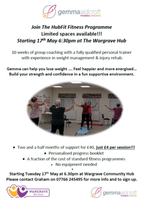 New HubFit class starting soon!!!!
Join The HubFit Fitness Programme
Limited spaces available!!!
Starting 17th May 6:30pm at The Wargrave Hub
• Two and a half months of support for £40, just £4 per session!!!
• Personalised progress booklet 
• No equipment needed