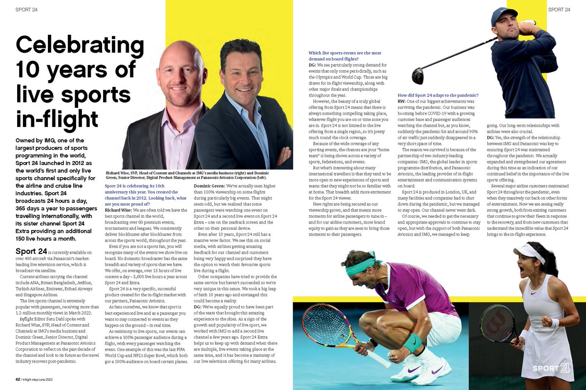 sport24live's tweet photo. "We're often told we have the best sports channel in the world, broadcasting over 60 premium events, tournaments & leagues."
Our very own Richard Wise & @PanasonicAero's Dominic Green feature in this month's @inflightmag: https://t.co/AtAvbvejfA
#InflightHMG #Sport24 #PAXEX https://t.co/mNNppeySMv