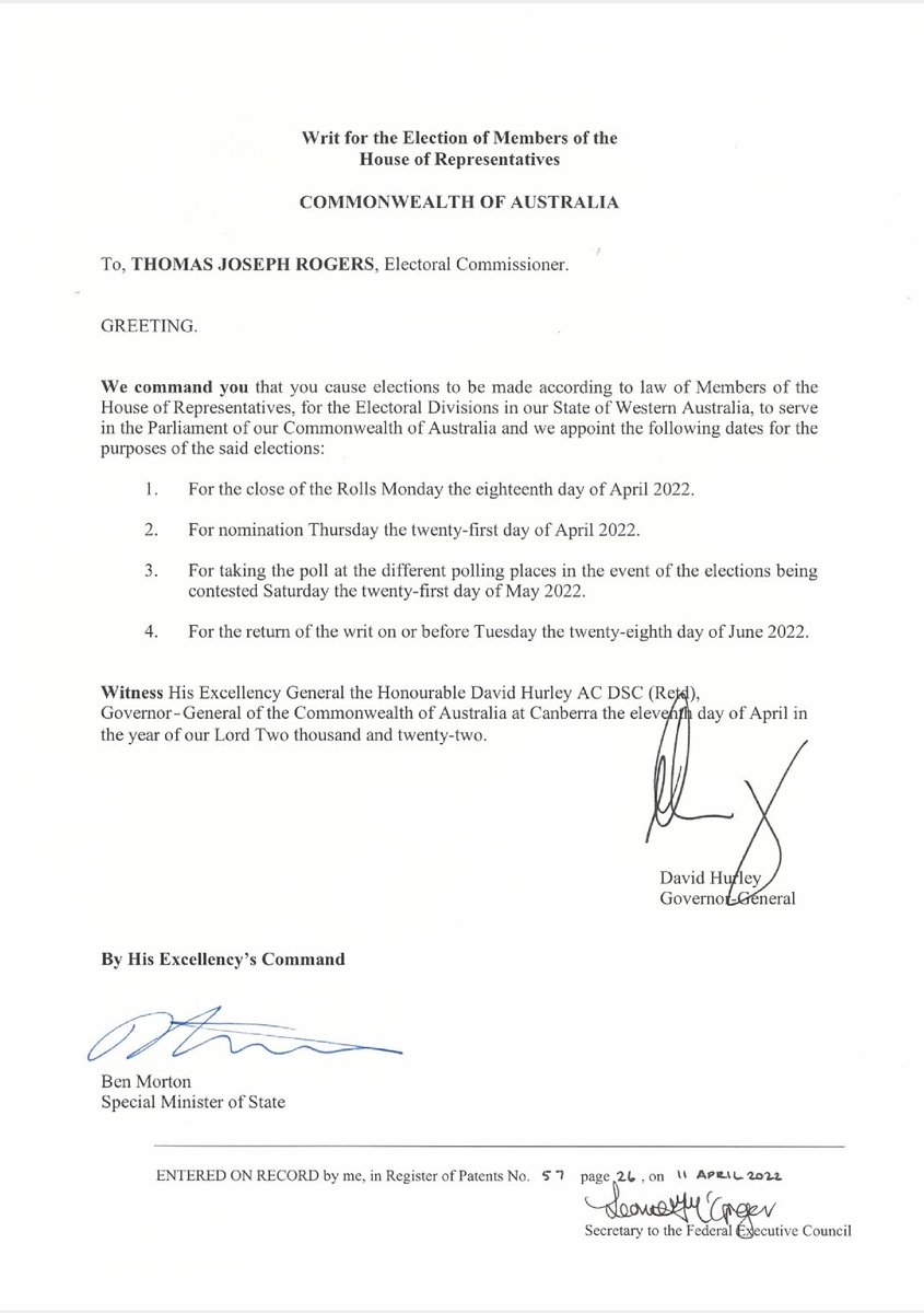 AussieThinker1's tweet photo. How come the Govener General is only a witness for the 2022 federal election writ?  Is this election a fraud before its even begun?

#AusVotes2022
#gapparty
#benmorton
#fedparty https://t.co/WypoDiwR4R