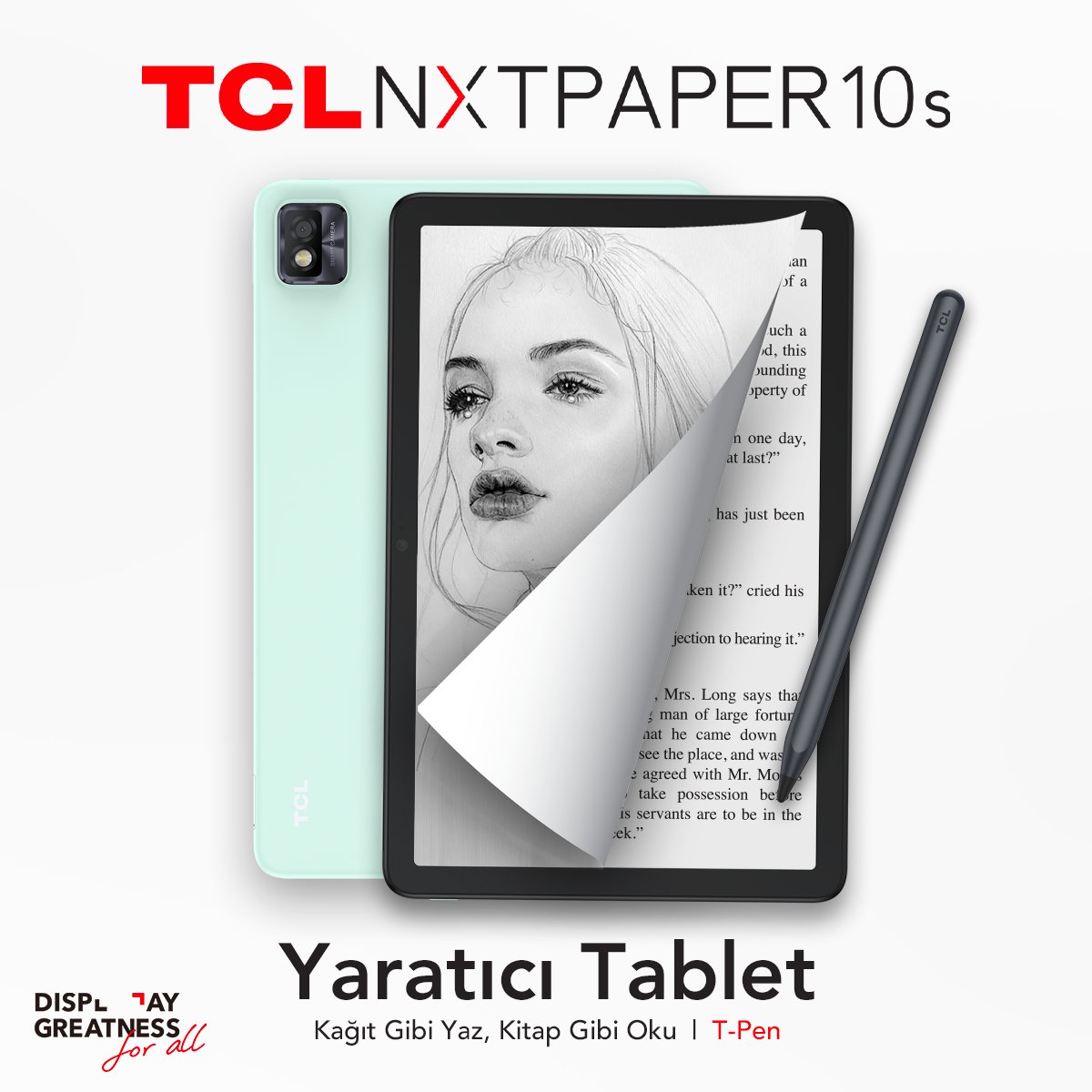 Kağıt gibi yaz, kitap gibi oku! 
Kağıt benzeri ekran teknolojisi doğal bir yazma ve çizim deneyimi sağlar. Parlama önleyici ekranı ve anti mavi ışık özelliği ile uzun süre okumaya olanak tanır! Benzersiz bir tablet deneyimi yaşamanı sağlayacak TCL #NXTPAPER 10s şimdi satışta…