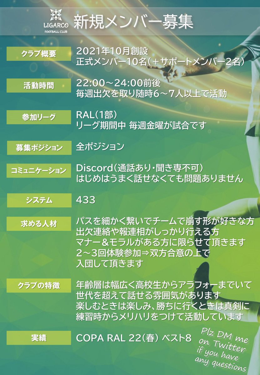 本日22時から体験参加出来る方を
募集します。

チームについては添付写真参照ください🙆‍♂️

ご興味持たれた方は希望ポジションを添えて
DMもしくはリプライお願いします！

#FIFA22        
#プロクラブ
