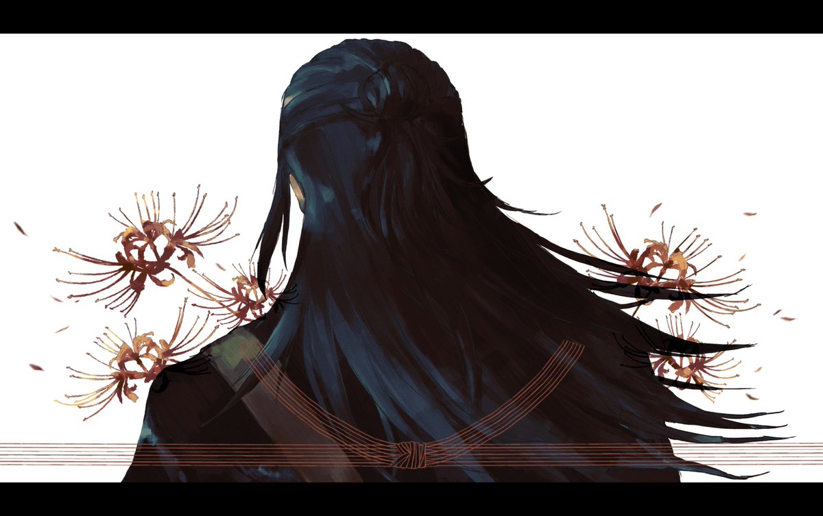getou suguru letterboxed long hair solo 1boy male focus spider lily flower  illustration images