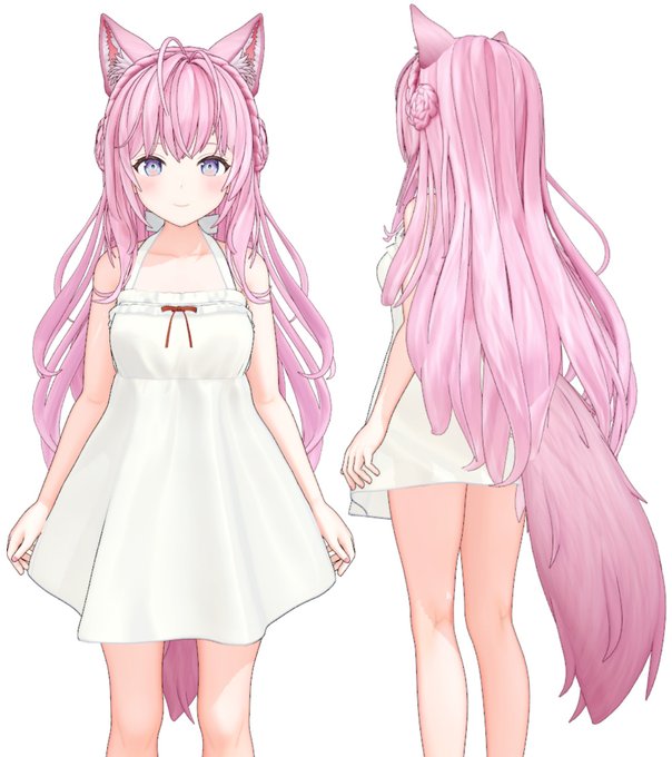 ・耳、しっぽ作成中
耳としっぽがテクスチャまでは終わりました～🤗
あとはボーン、ウェイト、物理関係ですね
ワンピースも似合うかなと思い試しに着せてみました
これは清楚😋 