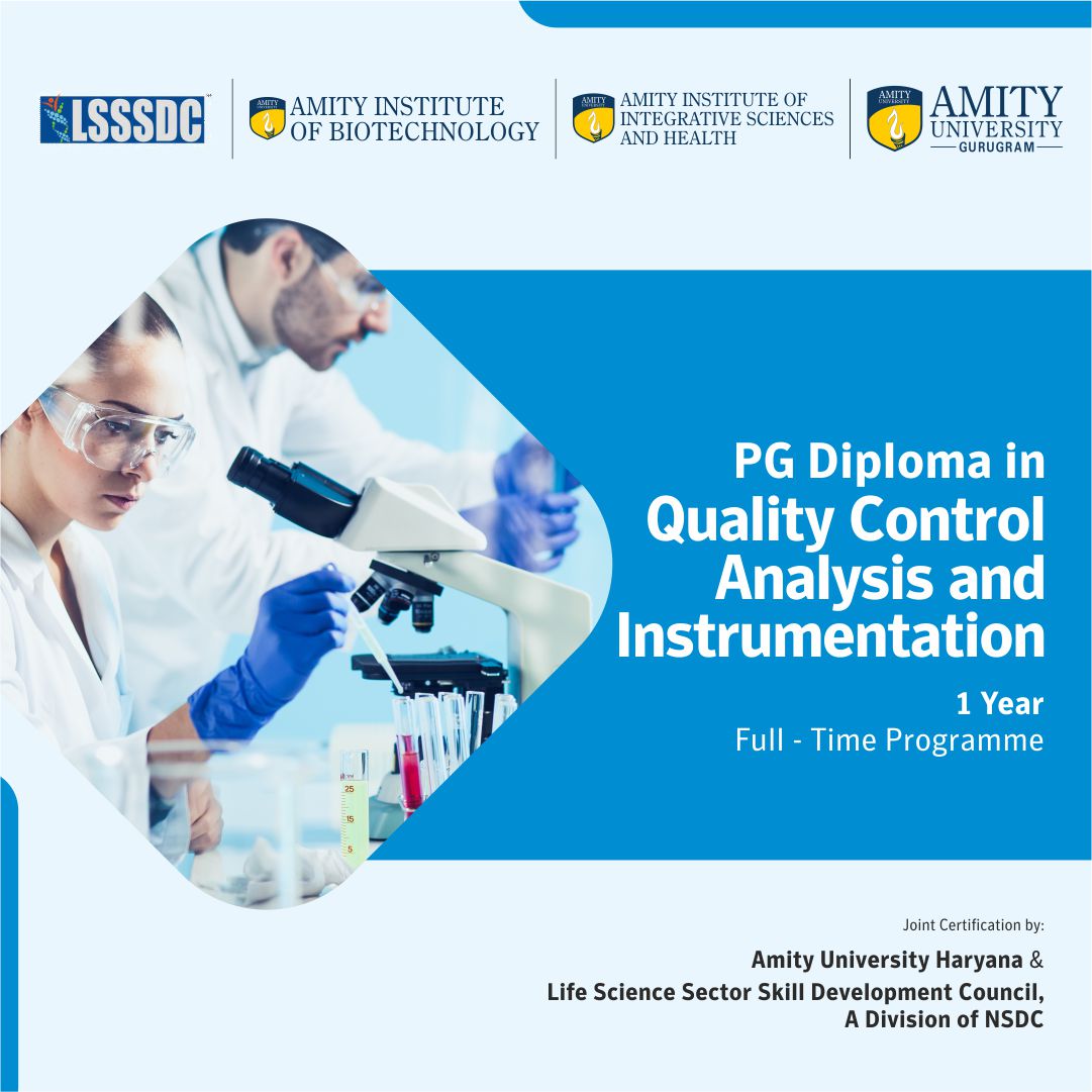 AmityGurgaon's tweet photo. Admissions are now open for 1 Year Post Graduate Diploma in Quality Control Analysis and Instrumentation in association with Life Science Sector Skill Development Council, a Division of NSDC.

#AmityGurugram #Qualitycontrolanalysis #Biotechnology #Lifesciences  #Admissionopen2022 https://t.co/ZRiDuYRyNV
