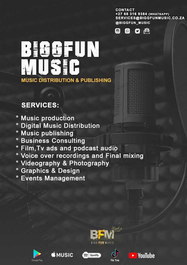 BiggFun_Music's tweet photo. For Podcasting,Beats,Music distribution,Videography &amp; Photography contact us

Email: Services@biggfunmusic.co.za

WhatsApp: 068 316 9384 https://t.co/exKAP0zbxI