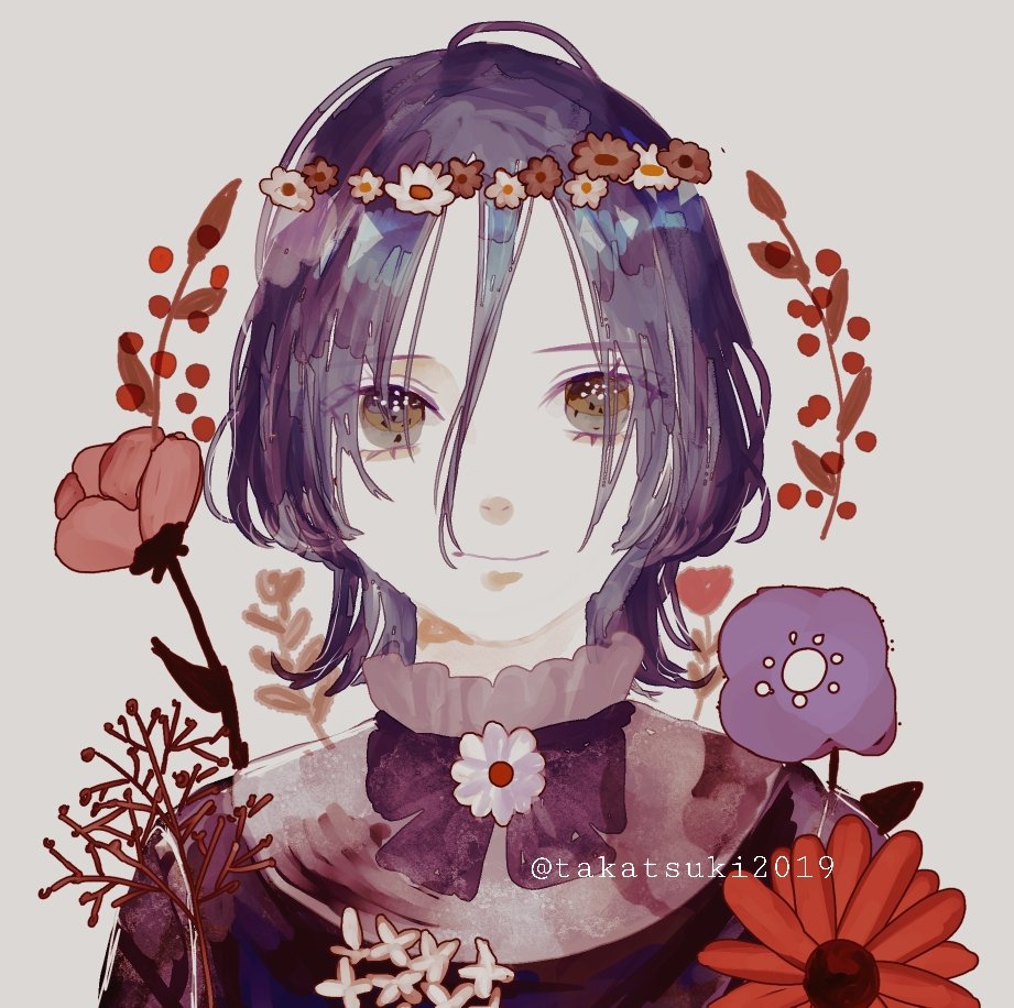 flower solo 1girl looking at viewer white background short hair smile  illustration images