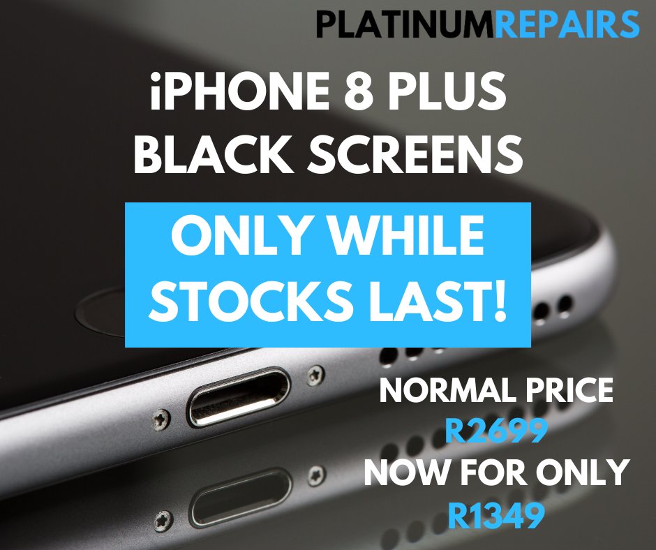 platinumrepairs's tweet photo. ➡️SPECIAL ON iPhone 8 plus black screens. 
➡️5 in stock ONLY!

Call us to book your repair 
📲010 594 7588 

Normal price at R2699
😱NOW FOR ONLY R1349

DON'T MISS OUT❗️❗️

#special #iphone8plus https://t.co/29nSNBQejJ
