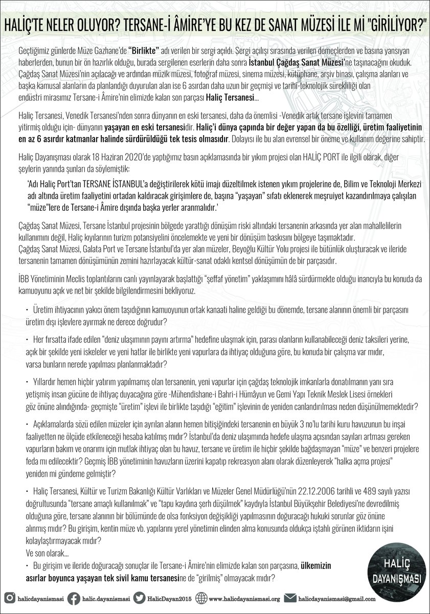 HalicDayan2015's tweet photo. Haliç'te neler oluyor? Tersane-i Âmire'ye Sanat Müzesi ile mi 'giriliyor'? 

Geçtiğimiz haftalarda Müze Gazhane'de 'Birlikte' adı verilen, Haliç Tersanesi'nde inşası süren İstanbul Çağdaş Sanat Müzesi'nin ön sergisi hakkında Haliç Dayanışması'nın basın açıklaması ⤵️ https://t.co/MMYEKUjXI3