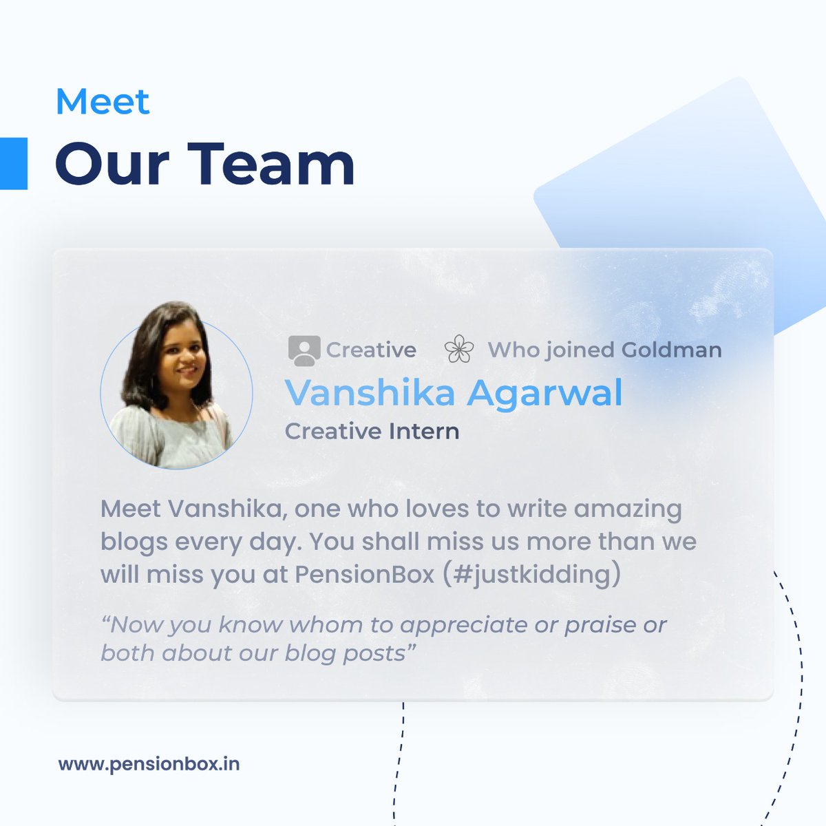 PensionBox's tweet photo. Meet Vanshika Agarwal, Our Creative Blog Writer!
#hiring #startuphire #startup #employeepost #pensionbox #interns #intern #creativeintern https://t.co/36CeysP2OK