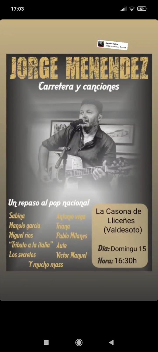 SValdesoto's tweet photo. Jorge Menéndez nos amenizará la sobremesa del Domingo dando un repaso a míticas canciones del pop nacional... https://t.co/2C60BTI8t3