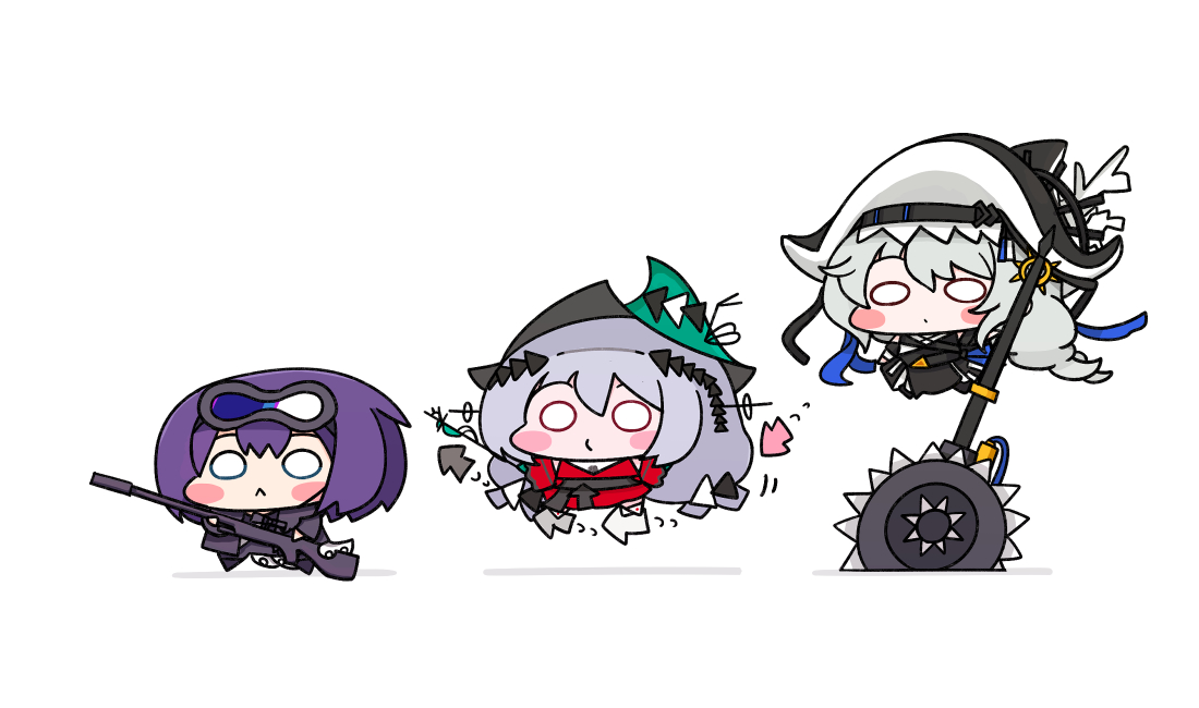 skadi (arknights) ,skadi the corrupting heart (arknights) ,specter (arknights) multiple girls weapon goggles 3girls goggles on head holding chibi  illustration images