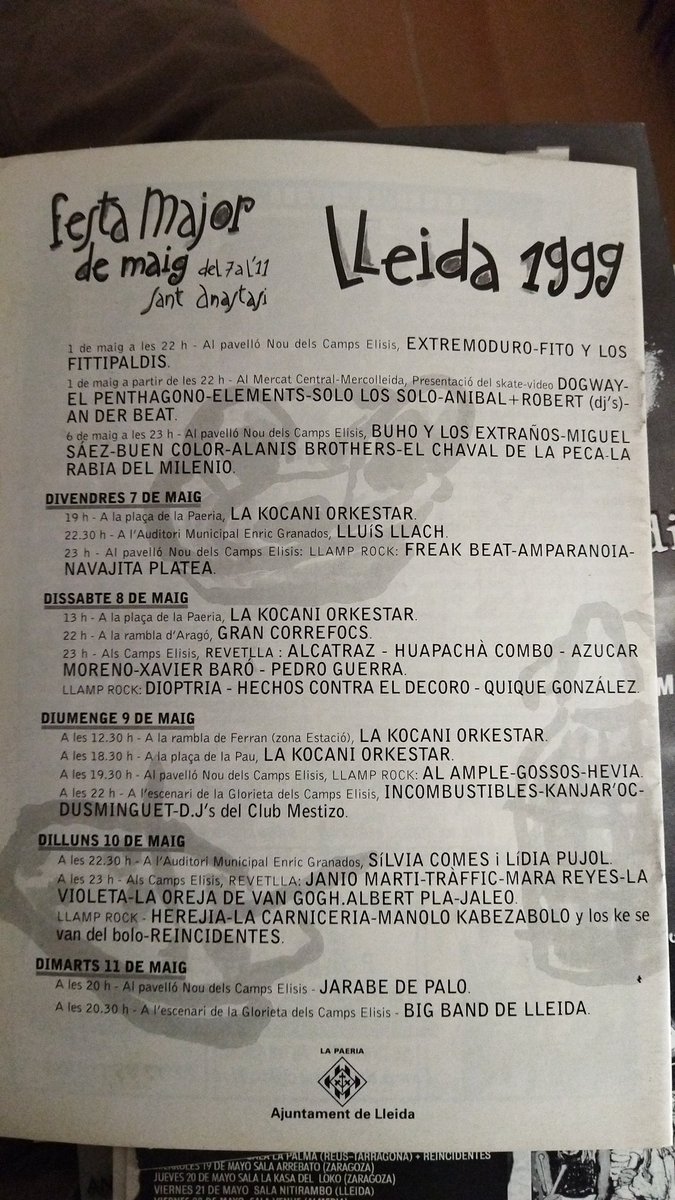 Any 1999 
#FestesdeMaig
#FestesPopulars
#FestesdeLleida
Un ample espectre musical per tots els públics...
(<a href="/LleidaRecords/">Txapes</a> )