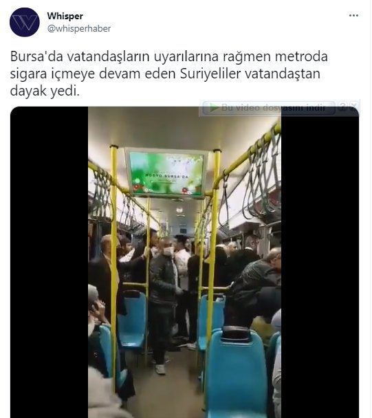 YanlisileDogru's tweet photo. ❌ Bursa'da uyarılara rağmen metroda sigara içmeye devam eden Suriyelilerin vatandaşlar tarafından dövüldüğü iddia edildi.

✅ Bursa Valiliği, metroda sigara içenlere özel güvenliğin müdahale ettiğini ve bu kişilerin Türk vatandaşı olduğunu açıkladı. İddia yalandır. https://t.co/LFERvqd3yJ