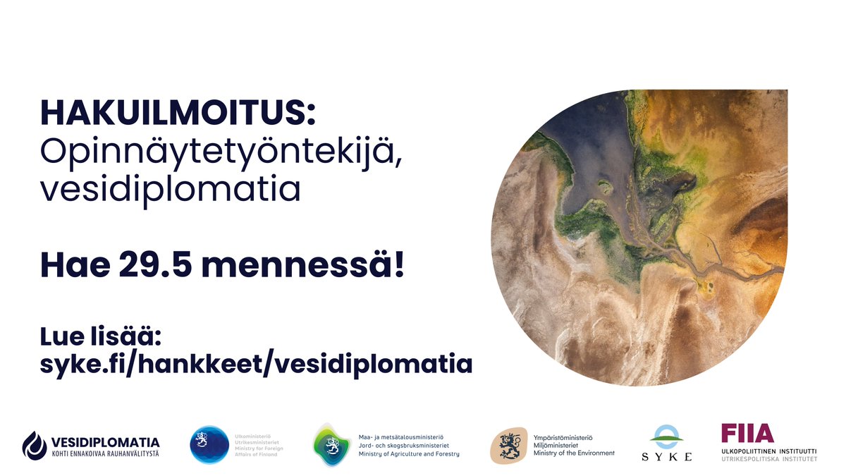 FinWaterDiplo's tweet photo. HAKU AUKI: 
Haemme korkeakouluharjoittelijaa tekemään opinnäytetyötä #vesidiplomatia'n teemasta @SYKEinfo'on . Paikka sopii hyvin eri taustoista tuleville maisterivaiheen loppupuolella oleville opiskelijoille. 
Hakuilmoitus: https://t.co/FOuLQdPzvN. Haun DL 29.5. https://t.co/8m0q6CTQSO