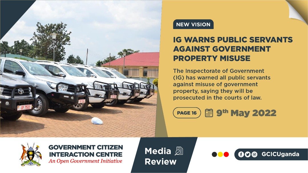 The Inspectorate of Government has handled three cases regarding misuse and abuse of public property #MotorVehicles by @MinofHealthUG staff. @newvisionwire @GCICMediaReview  

 #GCICMediaReview