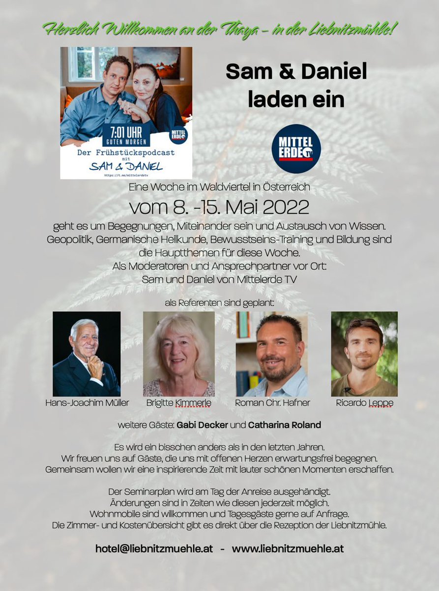 BRechercheteam's tweet photo. Aktuell findet in der Liebnitzmühle an der #Thaya (Österreich) wieder eine Seminarwoche statt. Wie in den letzten beiden Jahren auch, illustre Referenten. #MittelerdeTV #HansJoachimMüller #SamJolig #DanielMantey https://t.co/OjqF4odogh