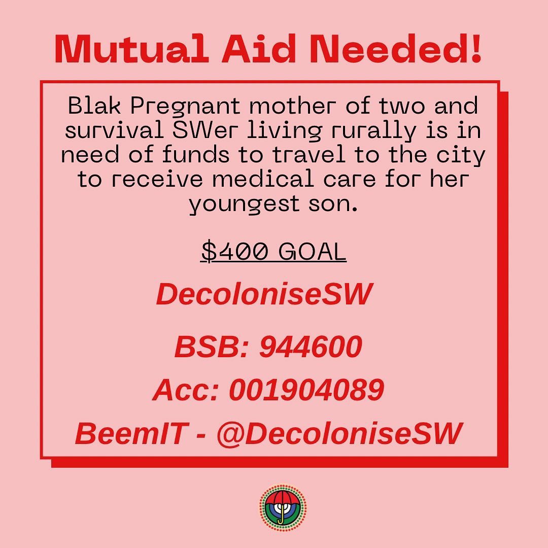 DecoloniseSW's tweet photo. Blak Pregnant mother of two &amp; survival SWer living rurally is in need of funds to travel to the city to receive medical care for her son. They have had car trouble &amp; are unable to drive to appointments. 

$400 GOAL ! 

BSB: 944600 
Acc: 001904089 
BeemIT - @DecoloniseSW https://t.co/gX1cYUTK4l