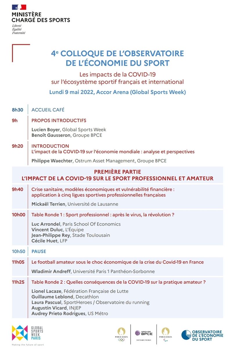 Sports_gouv's tweet photo. ⏰ Le 4ème colloque de l'observatoire de l'économie du #sport sur "Les impacts de la Covid-19 sur l'écosystème sportif français et international" commence bientôt à @Accor_Arena🏃‍♀️

Retrouvez le programme ici ⬇️ https://t.co/F5NtPdCJTi