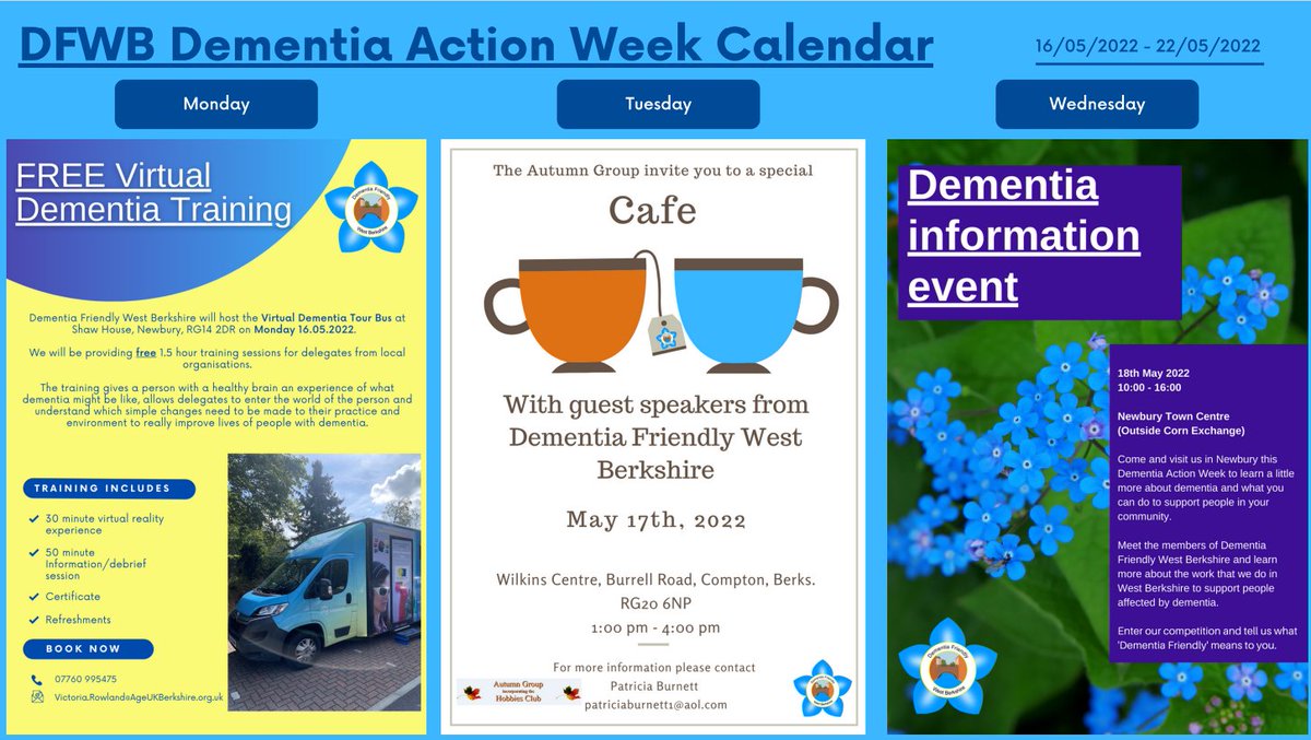 The calendar for #DementiaActionWeek next week in #Berkshire. 💙

Dementia Action Week is an annual campaign encouraging action on dementia. This year's theme is diagnosis. 

For info: bit.ly/3F5InIj or visit <a href="/dementiawb/">DementiaFriendlyWestBerkshire</a>'s website: dfwb.co.uk