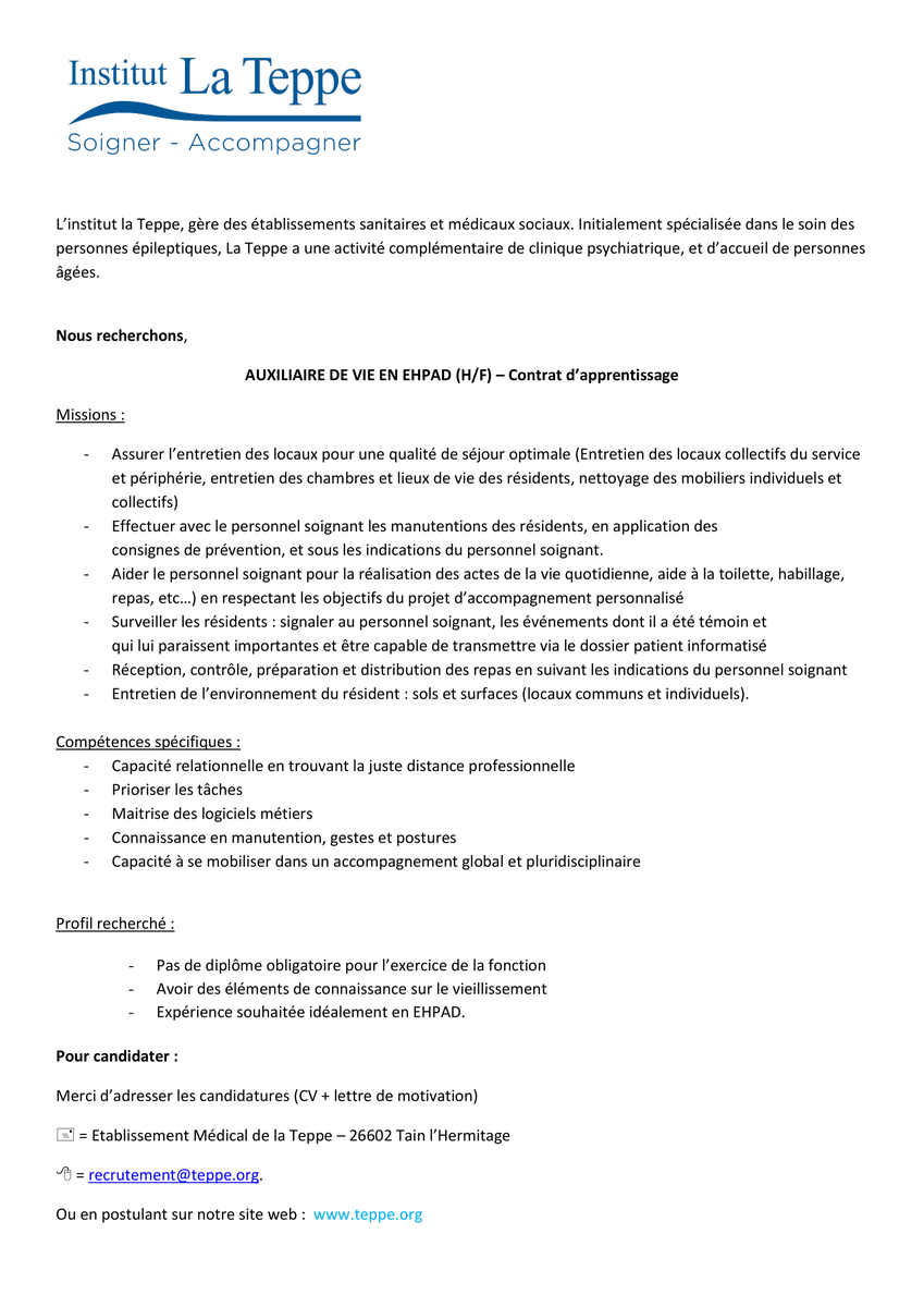 mlatv_'s tweet photo. L'institut La Teppe situé à Tain L'Hermitage recrute un auxiliaire de vie en Ehpad (H/F) en apprentissage ! 📢

👉 Pas de diplôme obligatoire pour l’exercice de la fonction

CV + lettre de motivation) à l'adresse mail suivante : recrutement@teppe.org https://t.co/SuJF95ozkb
