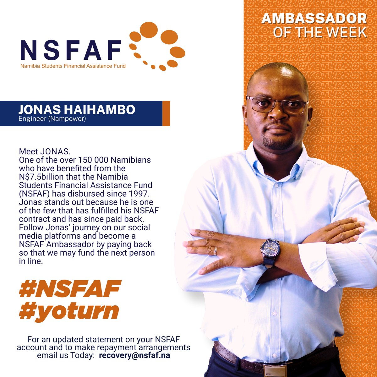 NSFAF's tweet photo. Meet our NSFAF Ambassador of the Week :              Jonas Haihambo #yoturn #NSFAF https://t.co/qoYe1RFFxh