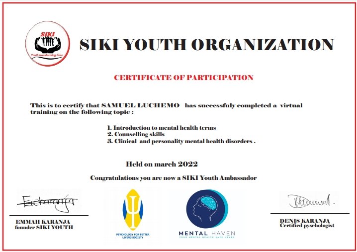 samuelluchemo's tweet photo. As a Mental Health Advocate we never stop adding more skills so as to continue creating more awareness concerning Mental Health and provide better counseling for those who are going through Depression and other Mental Challenges. Thanks to SIKI Youth #mentalhealth https://t.co/BrJUZjLNT4