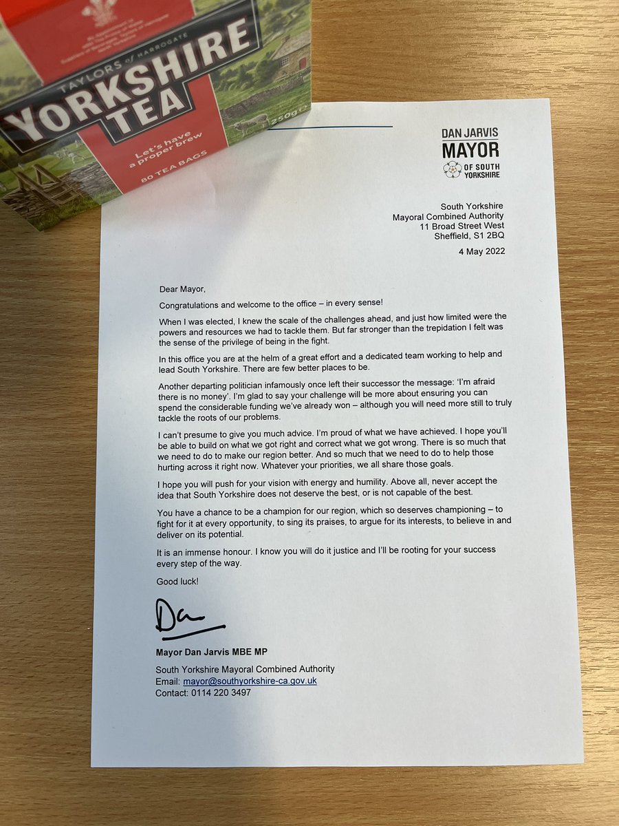 Our new Mayor takes office this morning.

I've left him a note (and some tea!) on his desk.

Good luck <a href="/olivercoppard/">Oliver Coppard</a>.