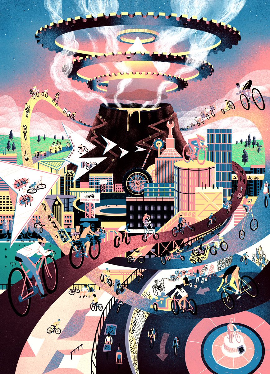 En mi ciudad no hay árboles, sólo autos, 
En mi ciudad no hay hierba, solo asfalto,
Las aves no trinan, solo bocinas y sirenas,
Mi ciudad, camposanto de autos.
¡Más bicis!

Art: ‘Cyclist Utopia’ por Matt Chinworth. 🚲🚲👏🏽